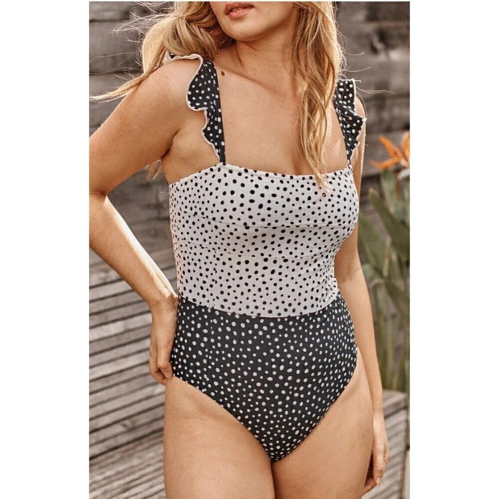 New Summersalt The Ruffle Oasis Swimsuit Womens 4 Black White Dots Built in Bra
